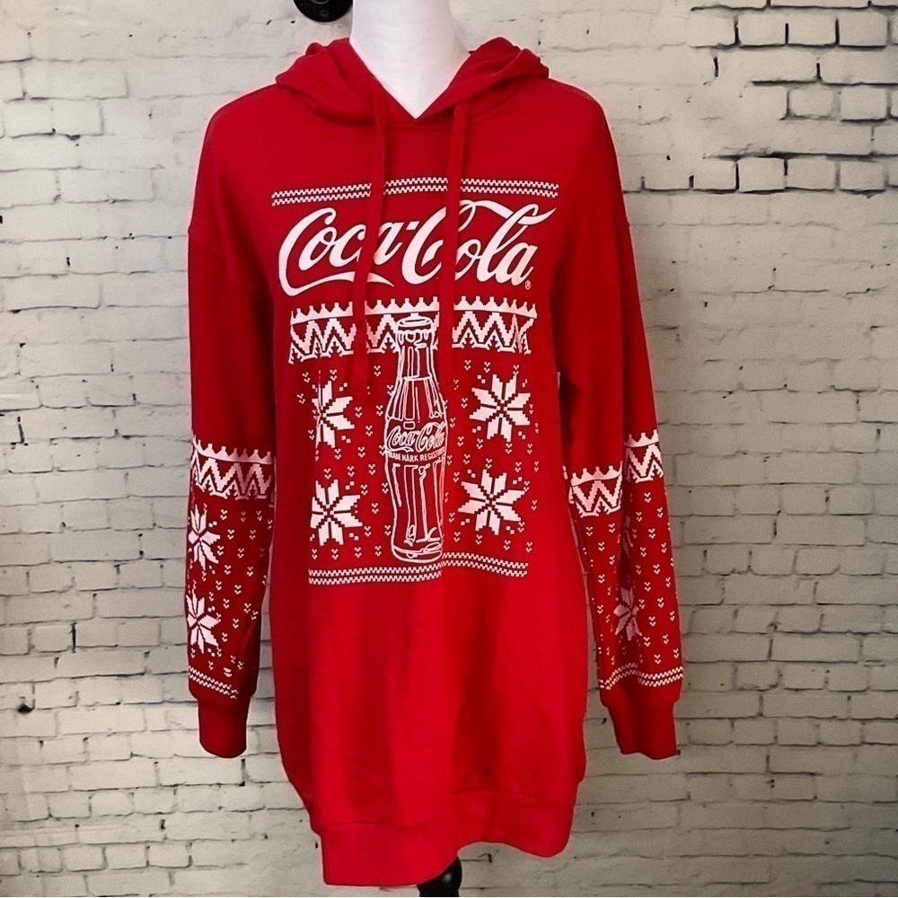 Coca Cola Womens Red Holiday Long Sleeve‎ Hooded Graphic Sweatshirt Dress S H2 - Picture 5 of 11